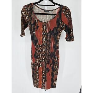 Neblina Womens Sz S Knee Length Bodycpon Dress Aztec Print Brown Black
